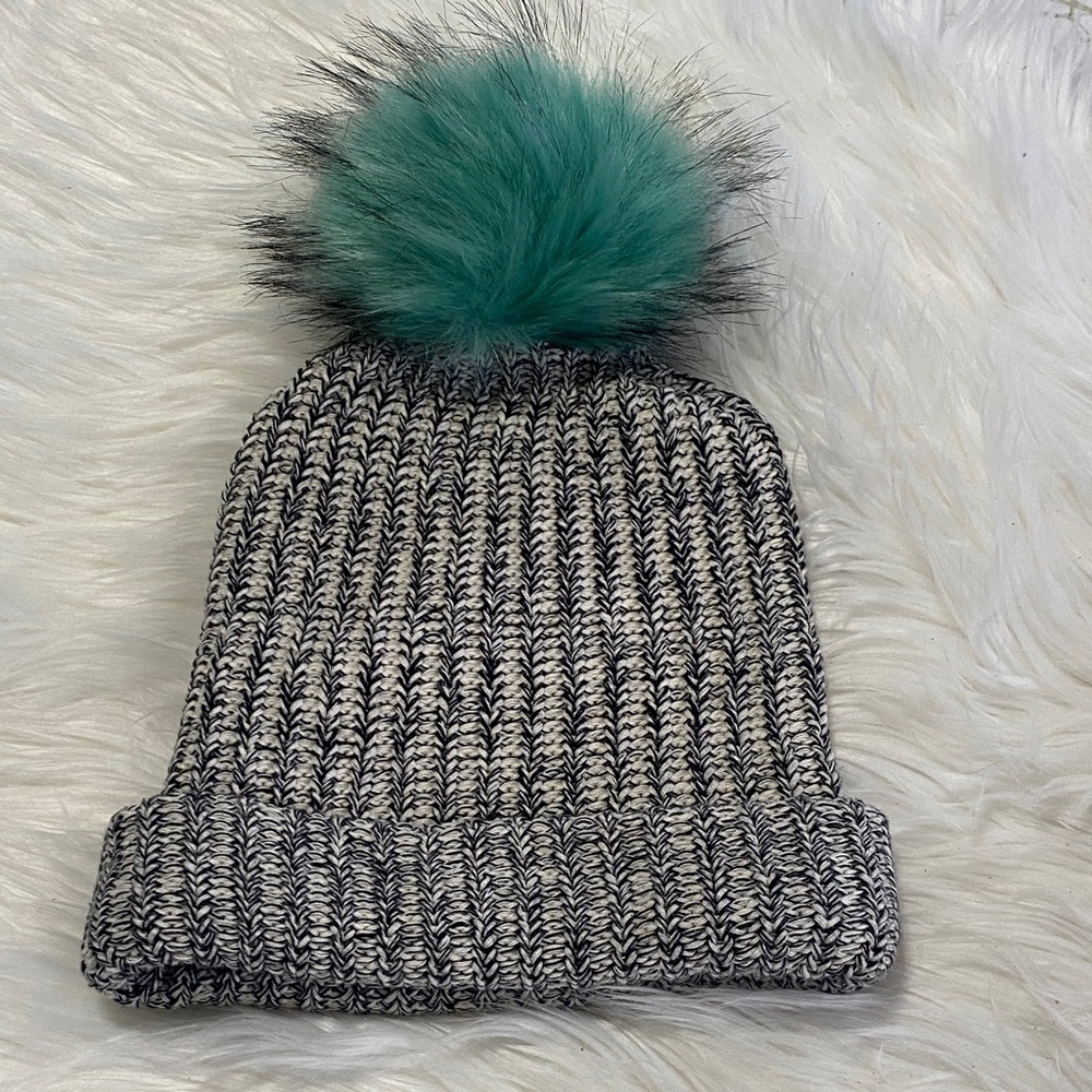 Love Your Melon black and white Beanie with Teal Pom-Pom - Picture 3 of 4